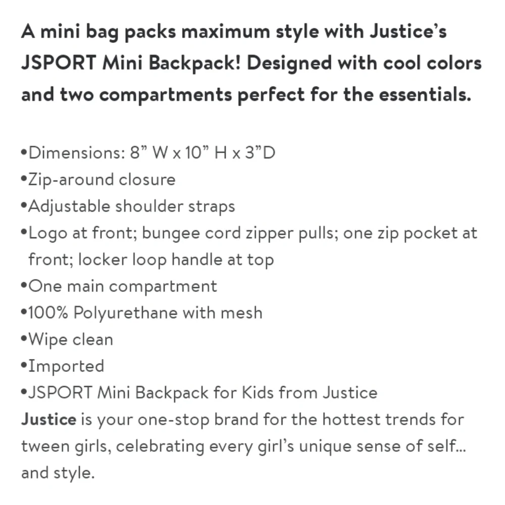 NWT Girl's Justice JSport Mini Backpack